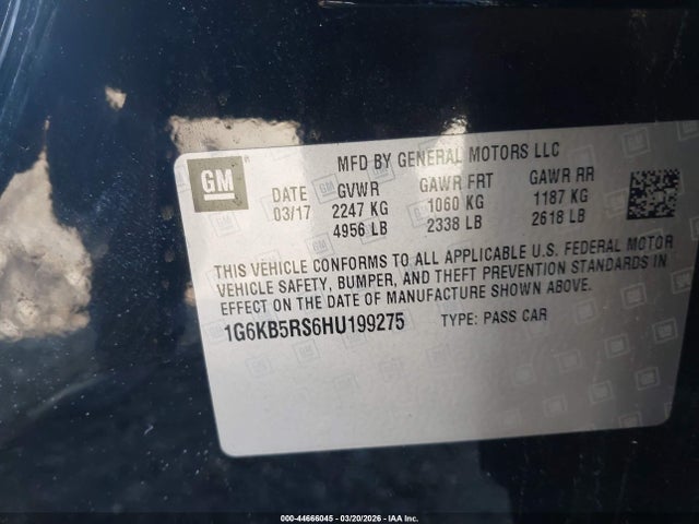 2017 Cadillac Ct6 Standard მანქანა იყიდება აუქციონზე, vin: 1G6KB5RS6HU199275, აუქციონის ნომერი: 44666045