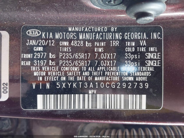 Aukcja sprzedaży 2012 Kia Sorento Lx, vin: 5XYKT3A10CG292739, numer aukcji: 44666090