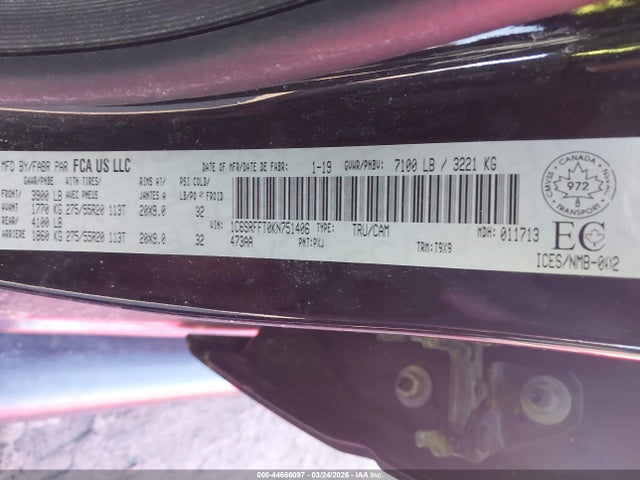 44666097 :رقم المزاد ، 1C6SRFFT0KN751406 vin ، 2019 Ram 1500 Big Horn مزاد بيع