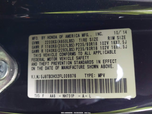 2015 Acura Rdx მანქანა იყიდება აუქციონზე, vin: 5J8TB3H32FL009976, აუქციონის ნომერი: 44666098