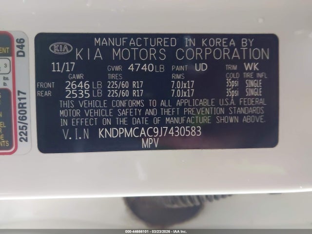 Продажа на аукционе авто 2018 Kia Sportage Lx, vin: KNDPMCAC9J7430583, номер лота: 44666101