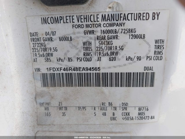 2008 Ford F-450 Chassis Xl/xlt მანქანა იყიდება აუქციონზე, vin: 1FDXF46R48EA94565, აუქციონის ნომერი: 44666104