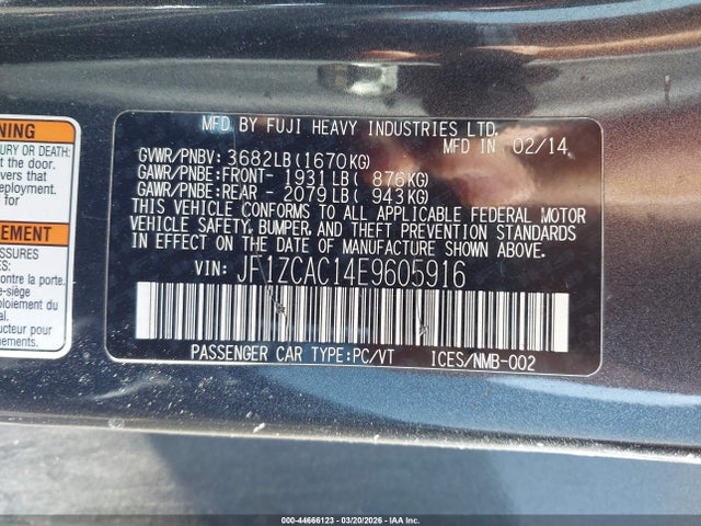 2014 Subaru Brz Limited მანქანა იყიდება აუქციონზე, vin: JF1ZCAC14E9605916, აუქციონის ნომერი: 44666123