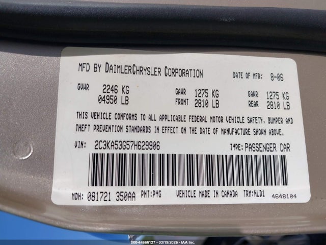 Продажа на аукционе авто 2007 Chrysler 300 Touring, vin: 2C3KA53G57H629906, номер лота: 44666127