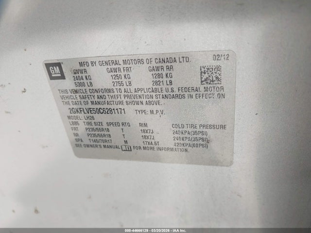 44666129 :رقم المزاد ، 2GKFLVE50C6281171 vin ، 2012 Gmc Terrain Slt-1 مزاد بيع