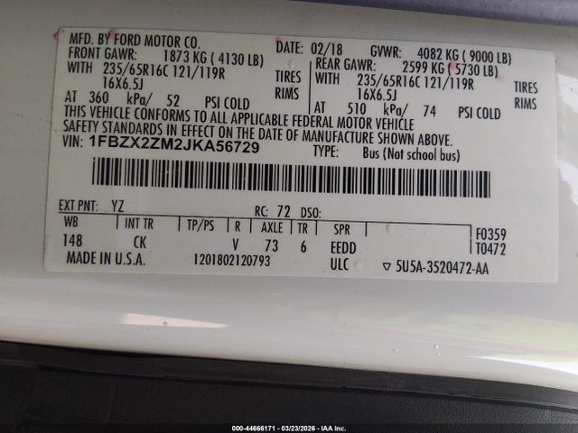 1FBZX2ZM2JKA56729 Ford Transit-350 Xlt