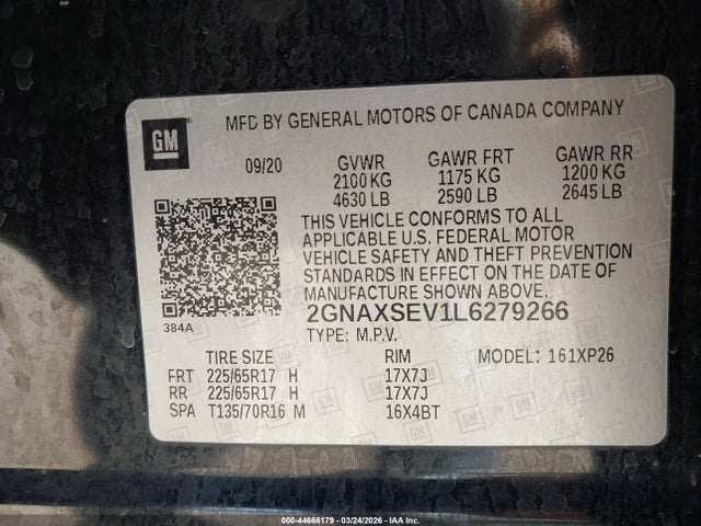 2020 Chevrolet Equinox Awd Ls მანქანა იყიდება აუქციონზე, vin: 2GNAXSEV1L6279266, აუქციონის ნომერი: 44666179