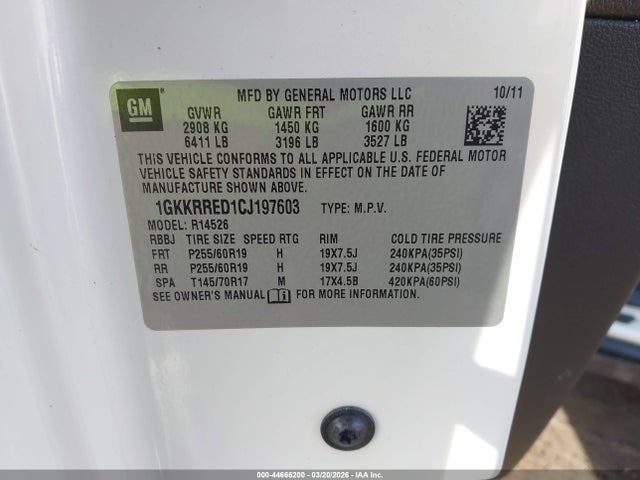 44666200 :رقم المزاد ، 1GKKRRED1CJ197603 vin ، 2012 Gmc Acadia Slt-1 مزاد بيع