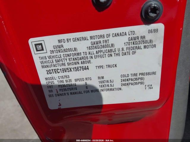 Продаж на аукціоні авто 1999 Gmc Sierra 1500 Sle, vin: 2GTEC19V5X1567644, номер лоту: 44666204