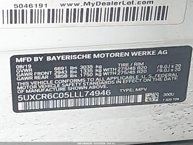 44666206 :رقم المزاد ، 5UXCR6C05LLL74946 vin ، 2020 Bmw X5 Xdrive40i مزاد بيع