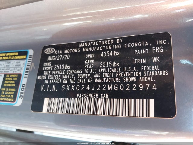 2021 Kia K5 Lx მანქანა იყიდება აუქციონზე, vin: 5XXG24J22MG022974, აუქციონის ნომერი: 44666210