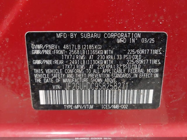 44666252 :رقم المزاد ، JF2GUHDC9S8258271 vin ، 2025 Subaru Crosstrek Premium مزاد بيع
