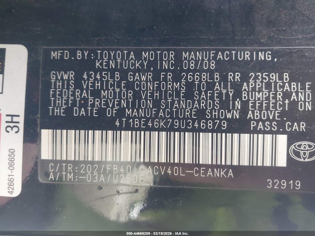 Продаж на аукціоні авто 2009 Toyota Camry Le, vin: 4T1BE46K79U346879, номер лоту: 44666289
