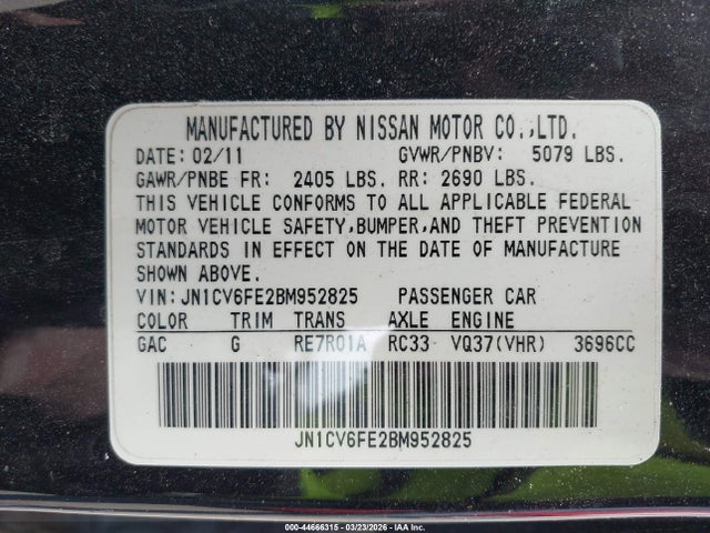 Aukcja sprzedaży 2011 Infiniti G37, vin: JN1CV6FE2BM952825, numer aukcji: 44666315