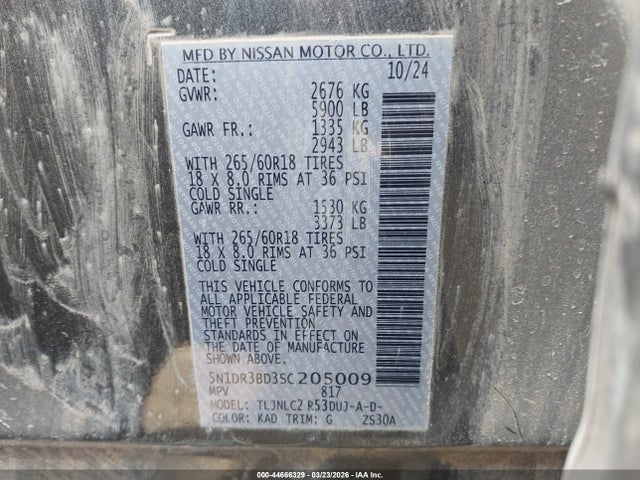 2025 Nissan Pathfinder Rock Creek 4wd მანქანა იყიდება აუქციონზე, vin: 5N1DR3BD3SC205009, აუქციონის ნომერი: 44666329