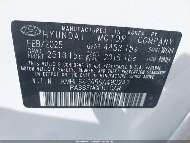 44666331 :رقم المزاد ، KMHL64JA5SA493242 vin ، 2025 Hyundai Sonata Sel مزاد بيع