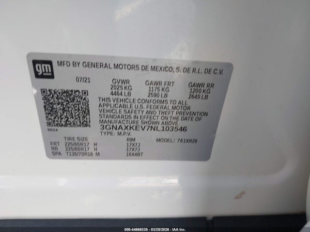 44666338 :رقم المزاد ، 3GNAXKEV7NL103546 vin ، 2022 Chevrolet Equinox Fwd Lt مزاد بيع