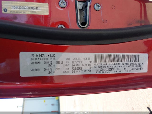 44666357 :رقم المزاد ، 1C4NJDEB2GD580441 vin ، 2016 Jeep Compass High Altitude Edition مزاد بيع