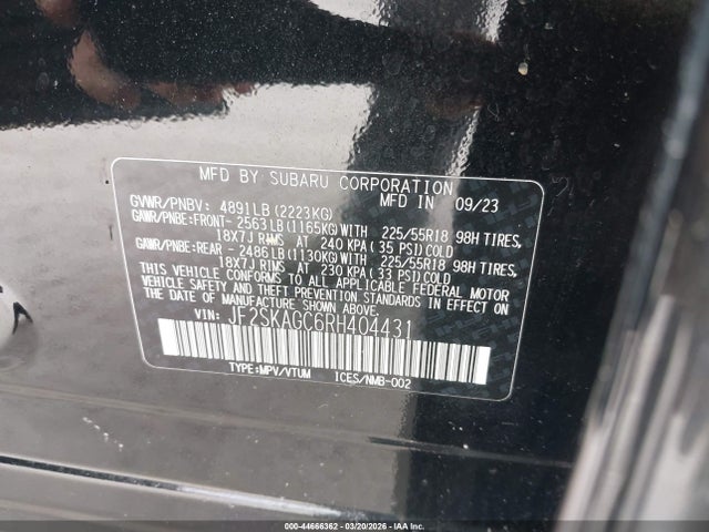 44666362 :رقم المزاد ، JF2SKAGC6RH404431 vin ، 2024 Subaru Forester Sport مزاد بيع