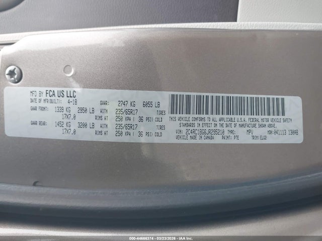 Aukcja sprzedaży 2018 Chrysler Pacifica Touring L, vin: 2C4RC1BG6JR295210, numer aukcji: 44666374