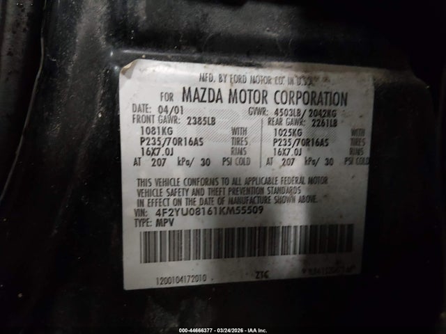 2001 Mazda Tribute Es V6/lx V6 მანქანა იყიდება აუქციონზე, vin: 4F2YU08161KM55509, აუქციონის ნომერი: 44666377
