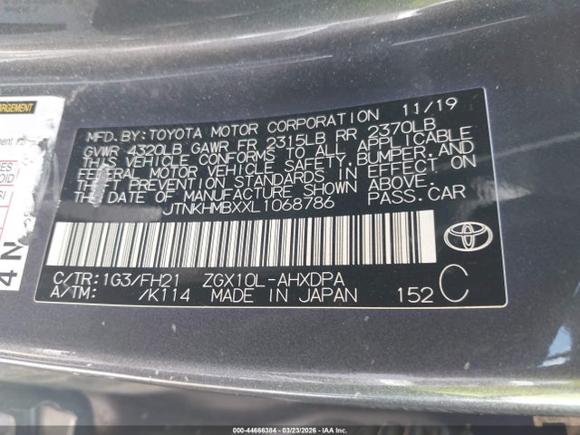 Aukcja sprzedaży 2020 Toyota C-hr Le, vin: JTNKHMBXXL1068786, numer aukcji: 44666384
