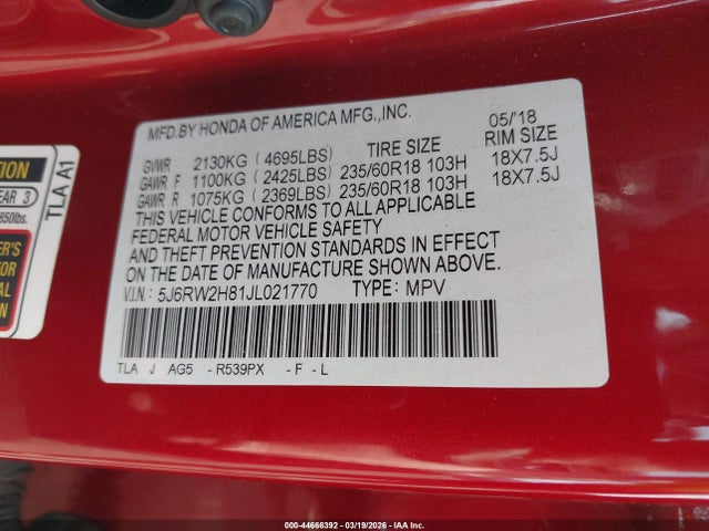 44666392 :رقم المزاد ، 5J6RW2H81JL021770 vin ، 2018 Honda Cr-v Ex-l/ex-l Navi مزاد بيع