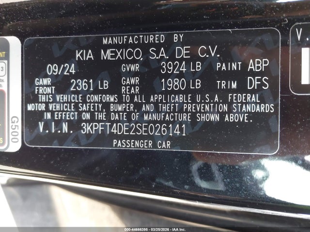 2025 Kia K4 Lxs მანქანა იყიდება აუქციონზე, vin: 3KPFT4DE2SE026141, აუქციონის ნომერი: 44666395