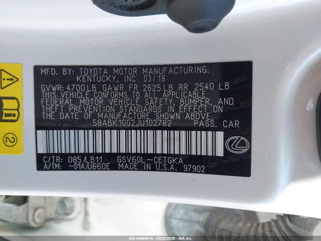 Aukcja sprzedaży 2018 Lexus Es 350, vin: 58ABK1GG2JU102782, numer aukcji: 44666416