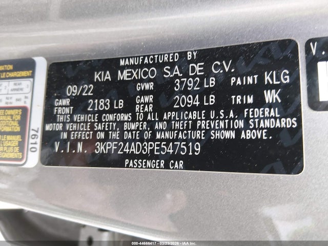2023 Kia Forte Lxs მანქანა იყიდება აუქციონზე, vin: 3KPF24AD3PE547519, აუქციონის ნომერი: 44666417