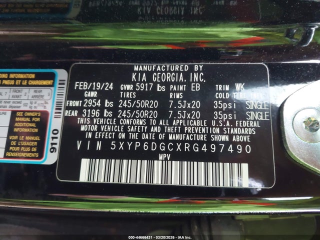 44666431 :رقم المزاد ، 5XYP6DGCXRG497490 vin ، 2024 Kia Telluride S مزاد بيع