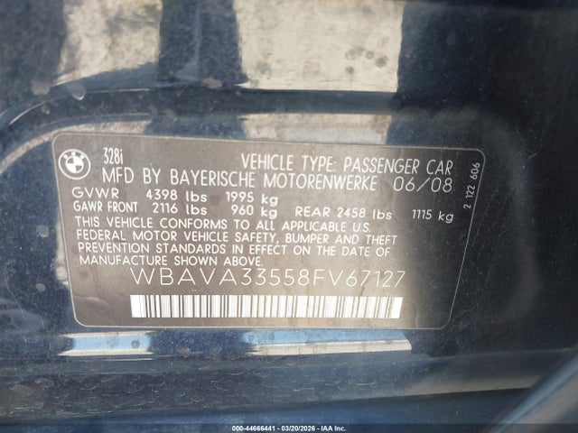 Aukcja sprzedaży 2008 Bmw 328i, vin: WBAVA33558FV67127, numer aukcji: 44666441