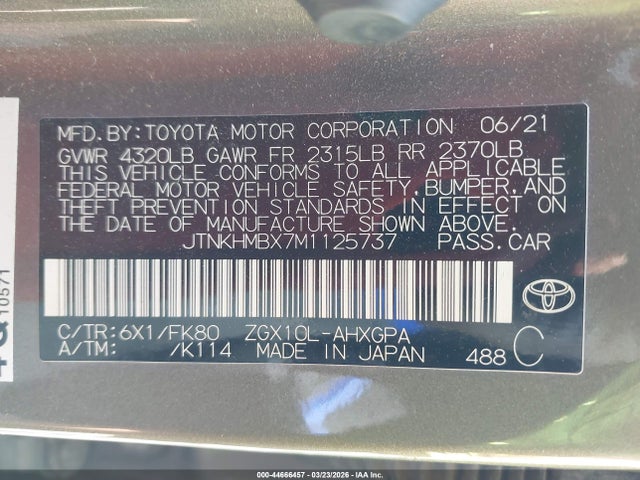 Aukcja sprzedaży 2021 Toyota C-hr Xle, vin: JTNKHMBX7M1125737, numer aukcji: 44666457