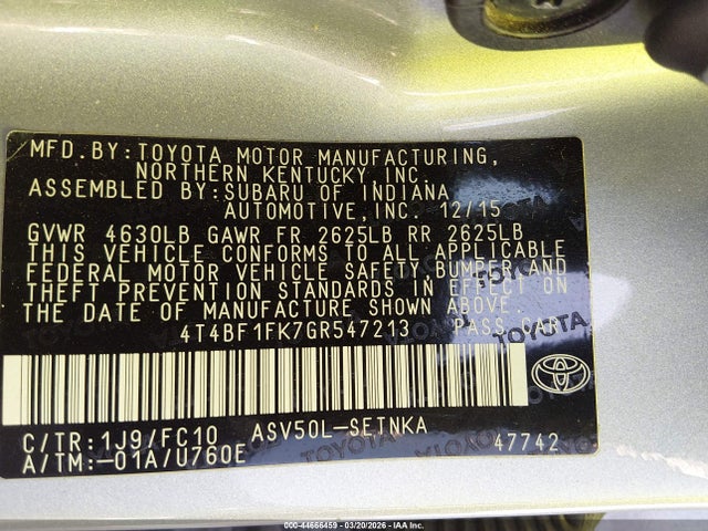 44666459 :رقم المزاد ، 4T4BF1FK7GR547213 vin ، 2016 Toyota Camry Le مزاد بيع