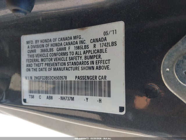 Aukcja sprzedaży 2012 Honda Civic Lx, vin: 2HGFG3B53CH502678, numer aukcji: 44666472