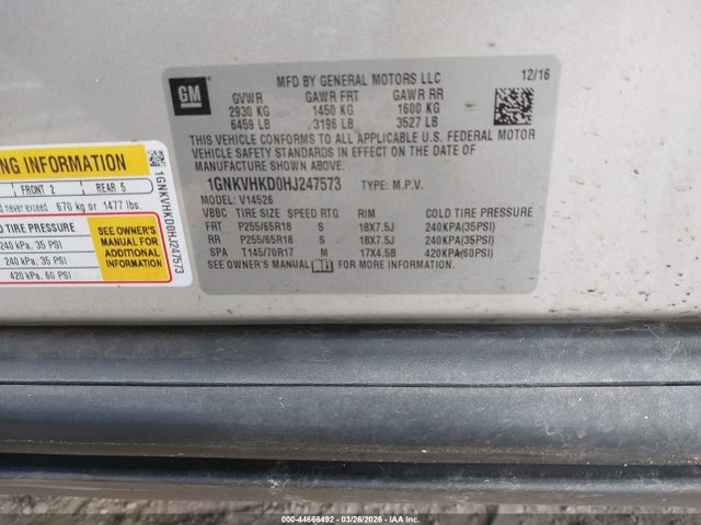 Aukcja sprzedaży 2017 Chevrolet Traverse 2lt, vin: 1GNKVHKD0HJ247573, numer aukcji: 44666492