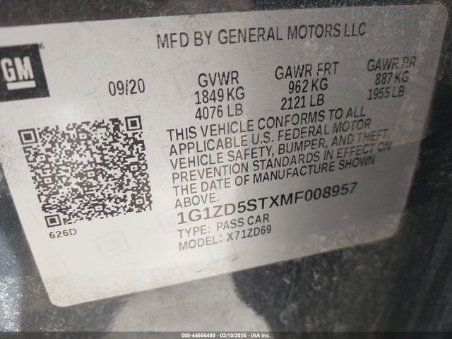 Aukcja sprzedaży 2021 Chevrolet Malibu Fwd Lt, vin: 1G1ZD5STXMF008957, numer aukcji: 44666499