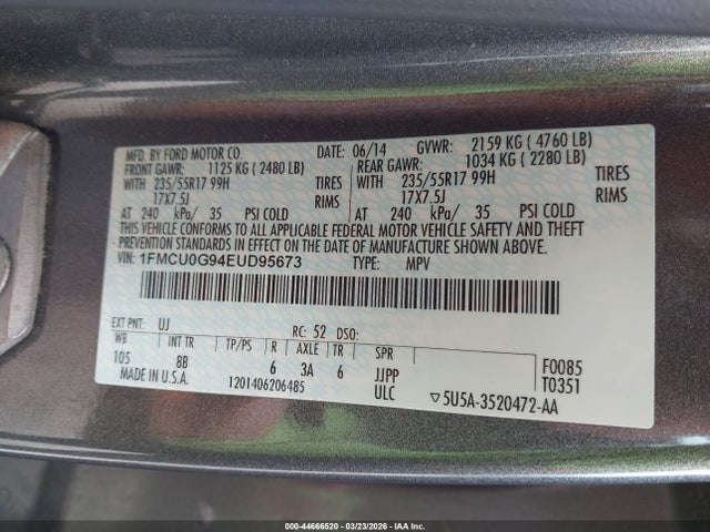 Продаж на аукціоні авто 2014 Ford Escape Se, vin: 1FMCU0G94EUD95673, номер лоту: 44666520