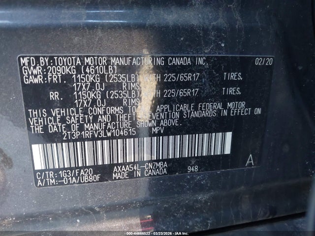 Aukcja sprzedaży 2020 Toyota Rav4 Xle, vin: 2T3P1RFV3LW104615, numer aukcji: 44666522