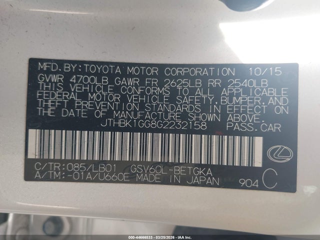 Aukcja sprzedaży 2016 Lexus Es 350, vin: JTHBK1GG8G2232158, numer aukcji: 44666533