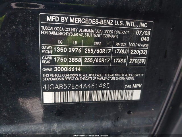 Продаж на аукціоні авто 2004 Mercedes-benz Ml 350 4matic, vin: 4JGAB57E64A461485, номер лоту: 44666541