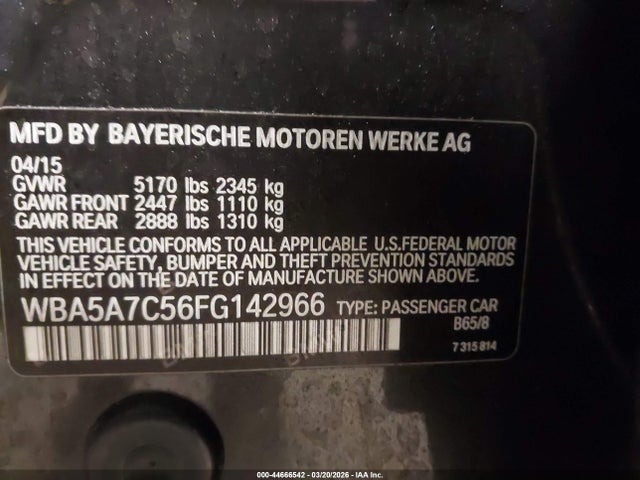 44666542 :رقم المزاد ، WBA5A7C56FG142966 vin ، 2015 Bmw 528i Xdrive مزاد بيع