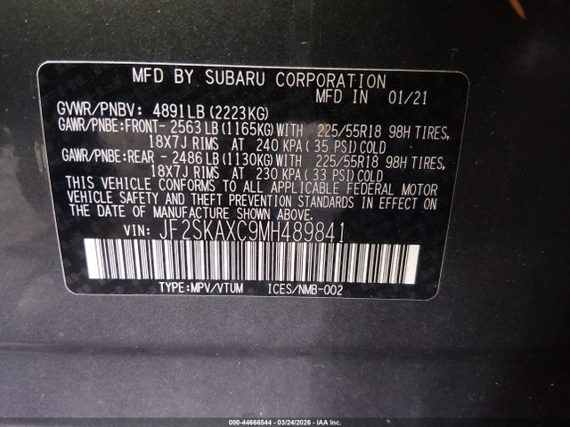 Продажа на аукционе авто 2021 Subaru Forester Touring, vin: JF2SKAXC9MH489841, номер лота: 44666544