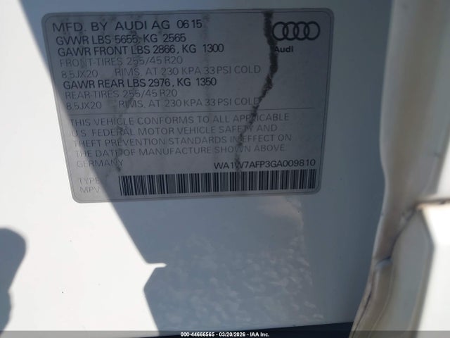 Продаж на аукціоні авто 2016 Audi Q5 3.0t Premium Plus, vin: WA1W7AFP3GA009810, номер лоту: 44666565