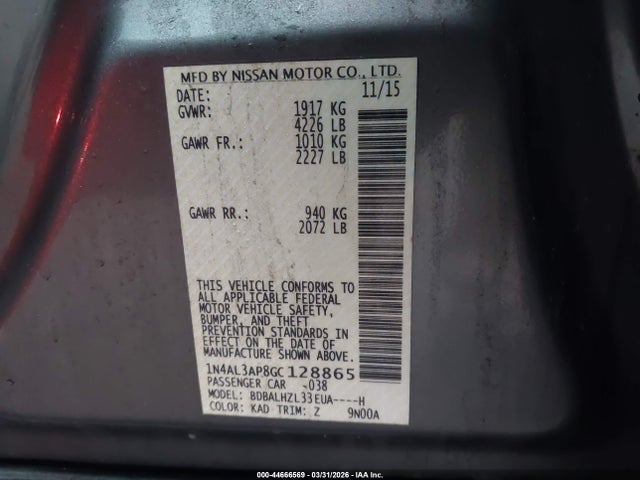 Aukcja sprzedaży 2016 Nissan Altima 2.5 Sr, vin: 1N4AL3AP8GC128865, numer aukcji: 44666569