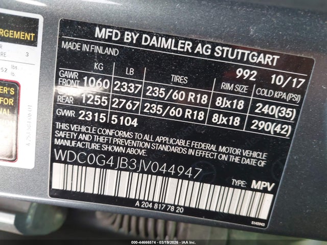 44666574 :رقم المزاد ، WDC0G4JB3JV044947 vin ، 2018 Mercedes-benz Glc 300 مزاد بيع
