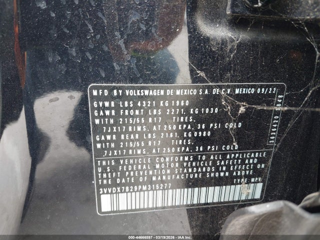 44666597 :رقم المزاد ، 3VVDX7B29PM315277 vin ، 2023 Volkswagen Taos 1.5t S مزاد بيع