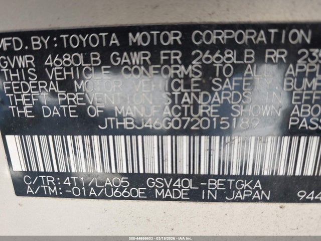 44666603 :رقم المزاد ، JTHBJ46G072015189 vin ، 2007 Lexus Es 350 مزاد بيع