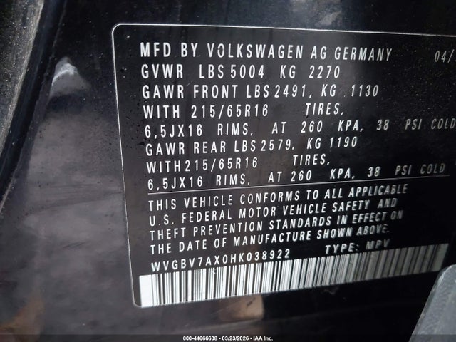 Продажа на аукционе авто 2017 Volkswagen Tiguan 2.0t/2.0t S, vin: WVGBV7AX0HK038922, номер лота: 44666608
