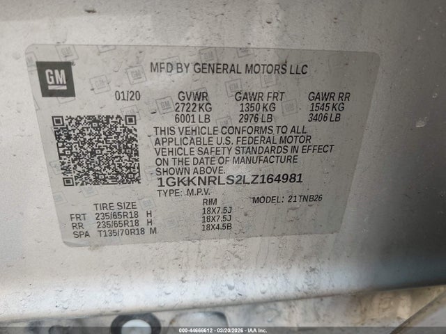 44666612 :رقم المزاد ، 1GKKNRLS2LZ164981 vin ، 2020 Gmc Acadia Fwd Sle مزاد بيع